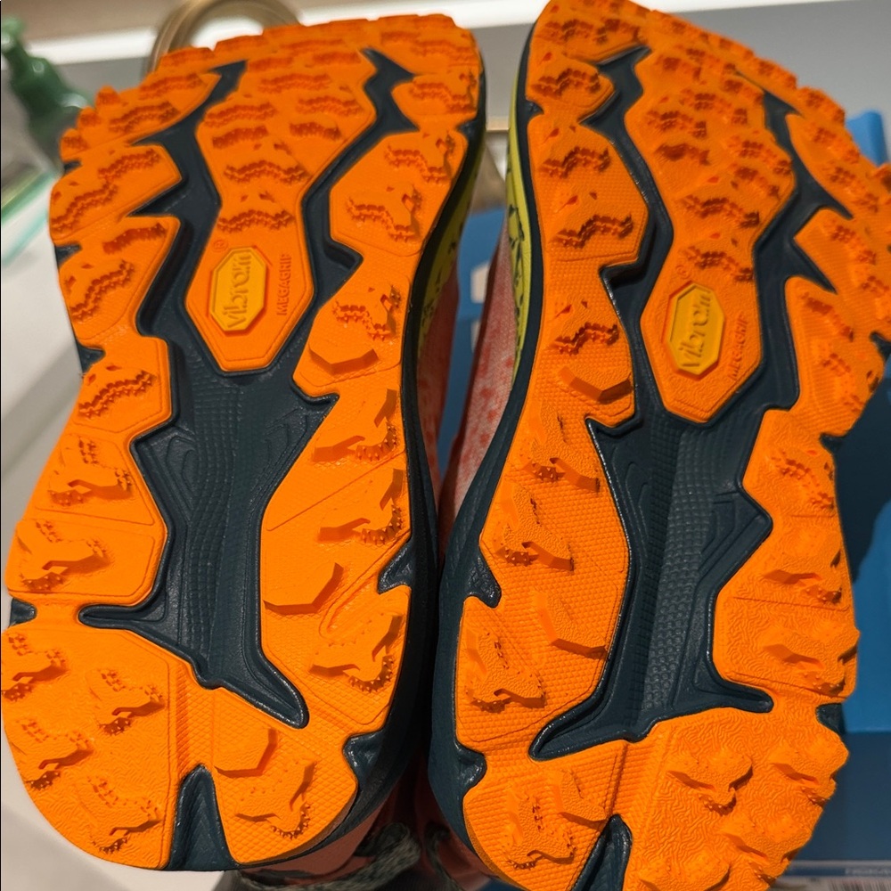 Hoka Women's Trail Runner in Coral and Yellow with Navy Accents - Picture 9 of 11